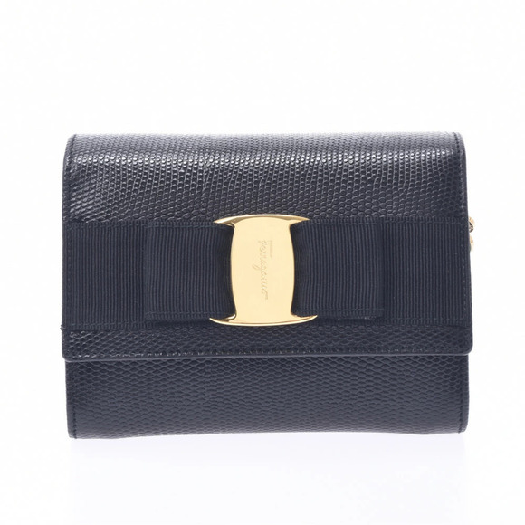 Salvatore Ferragamo Vara Chain Shoulder Bag Black Embossed Leather
